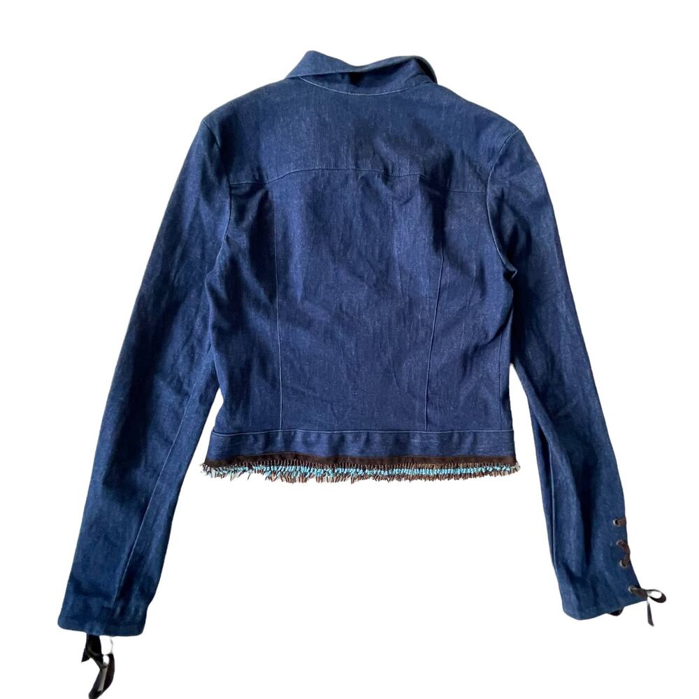 Vintage 1990s Cache Jean Jacket Beaded Fringe Lace Up Southwest 4 EUC - Picture 2 of 13